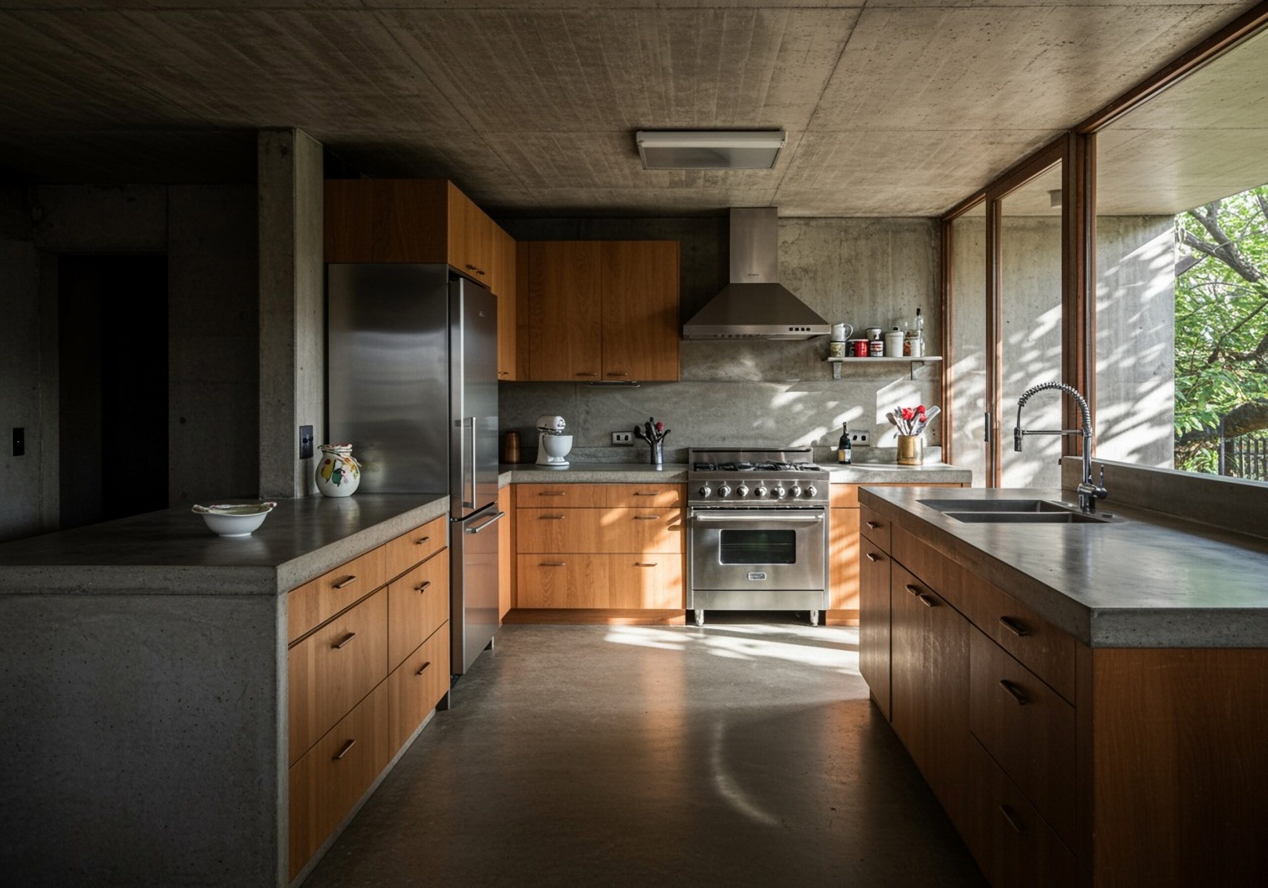 Indoor,Photo,Of,Brutalist,Family,Kitchen,,Natural,Light,,Stainless,Steel